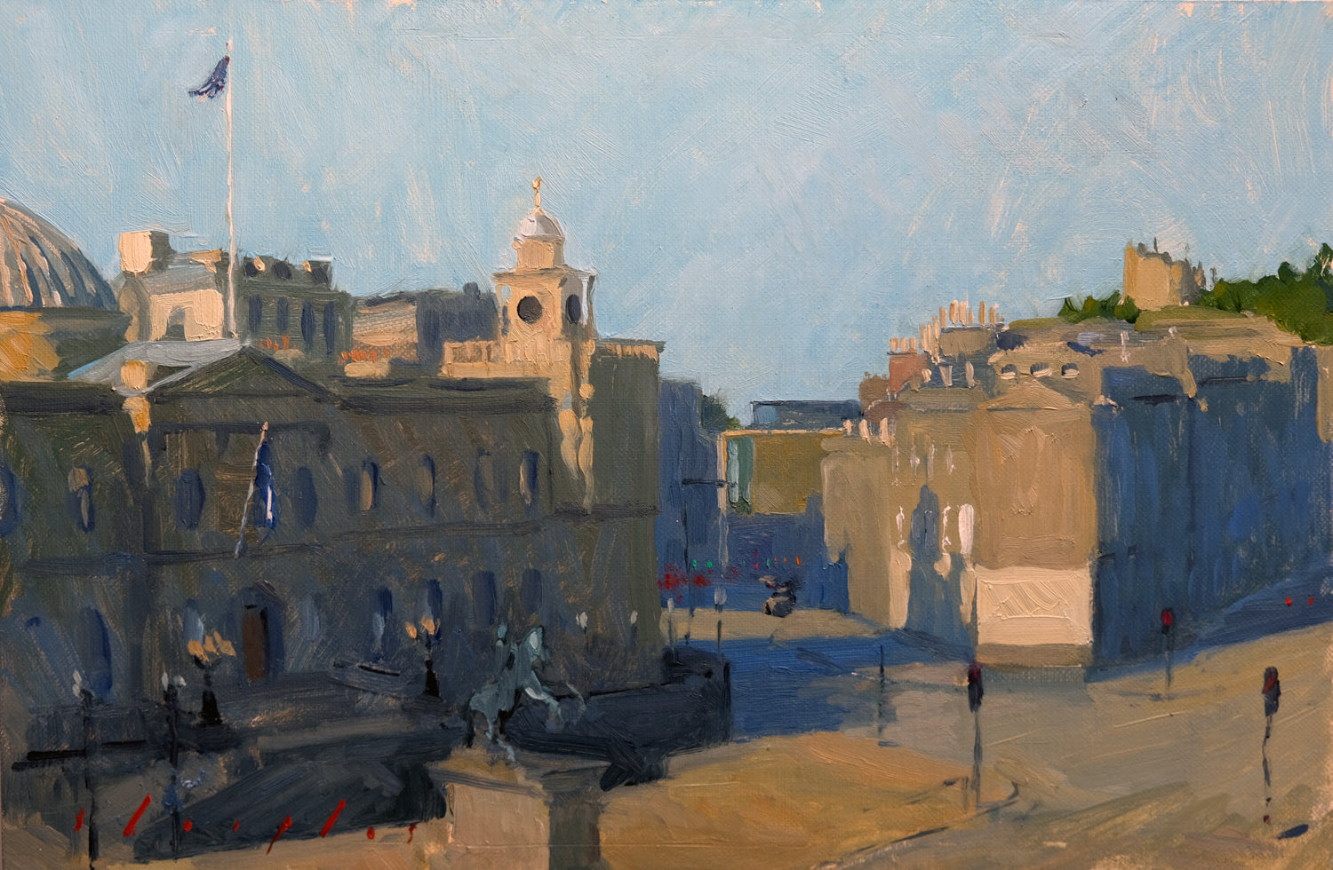 Painting of a cityscape with buildings and a clear sky