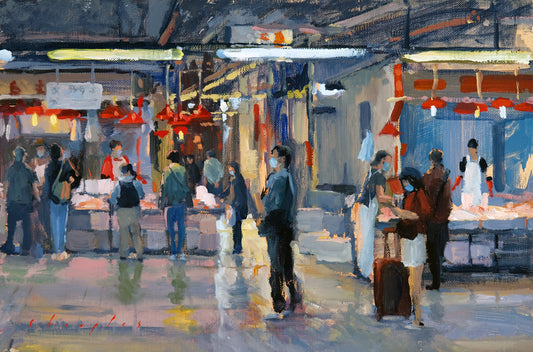 Painting of a bustling market scene with people and stalls.