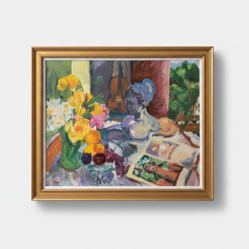 Framed painting of a still life with flowers and books on a table.
