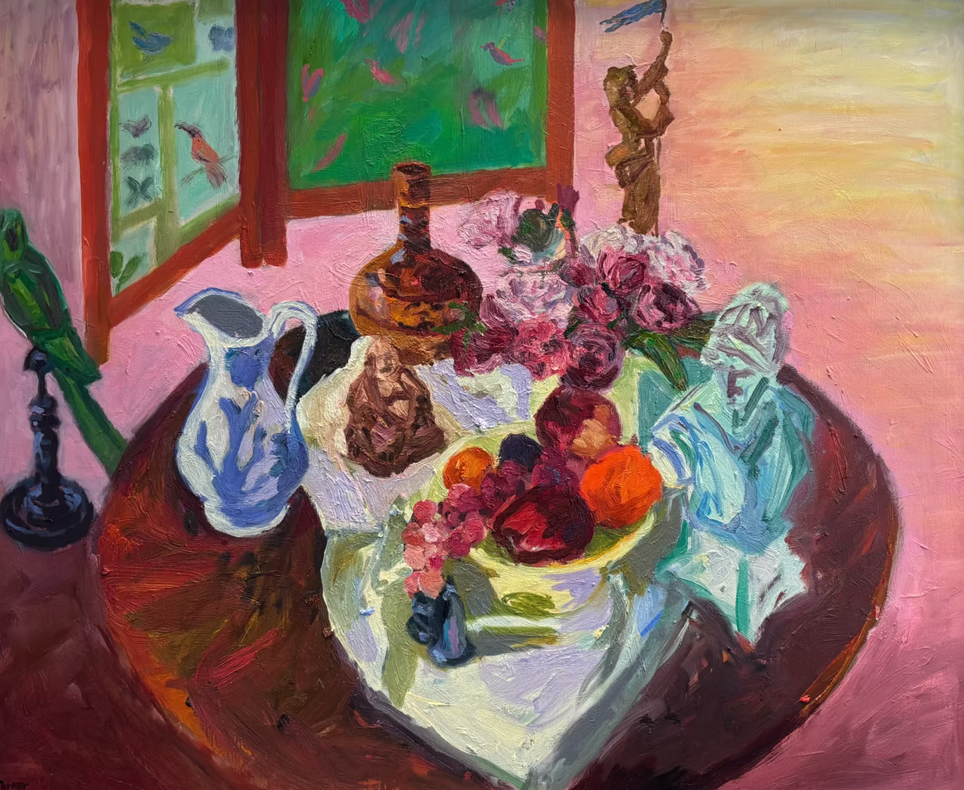 Still life painting with fruits, flowers, and decorative items on a table.