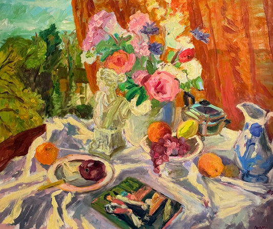 Colorful still life painting with flowers, fruits, and a statue on a table.
