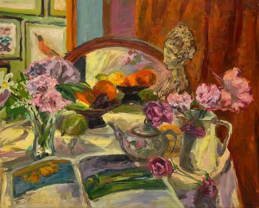 Still life painting with flowers, teapot, and books on a table.