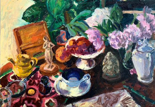 Still life painting with fruits, flowers, and decorative items on a table.