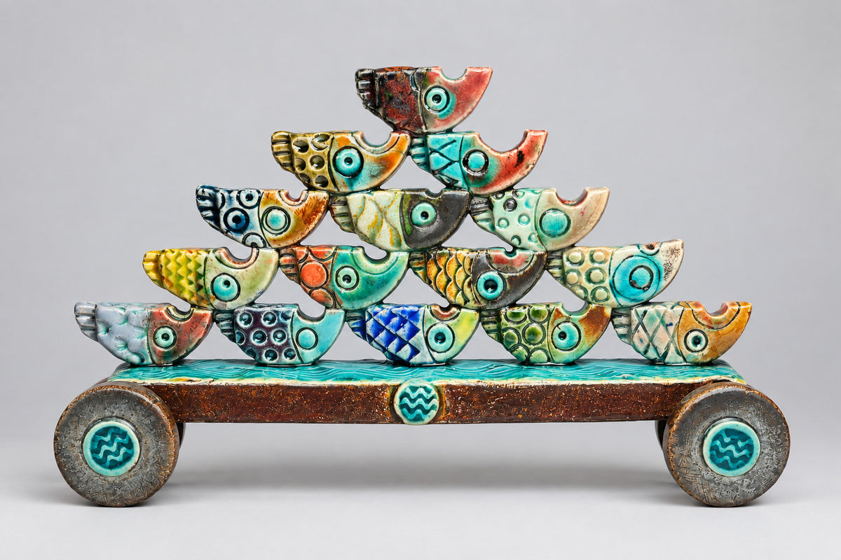 A decorative ceramic fish sculpture arranged in tiers on a small wheeled cart, photographed against a dark studio background.