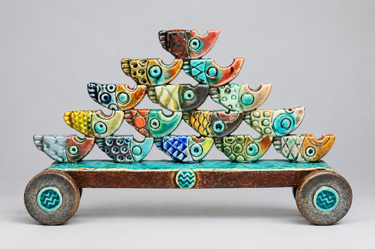 A decorative ceramic fish sculpture arranged in tiers on a small wheeled cart, photographed against a dark studio background.