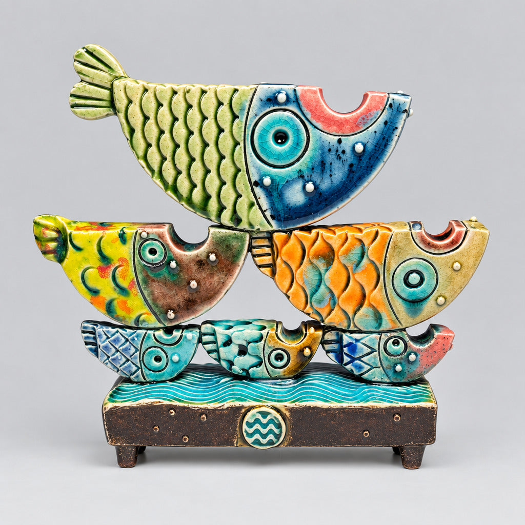 A colorful ceramic fish sculpture set on a dark base, featuring stacked stylized fish in green, blue, yellow, and orange with glossy painted glazes against a dark studio background.