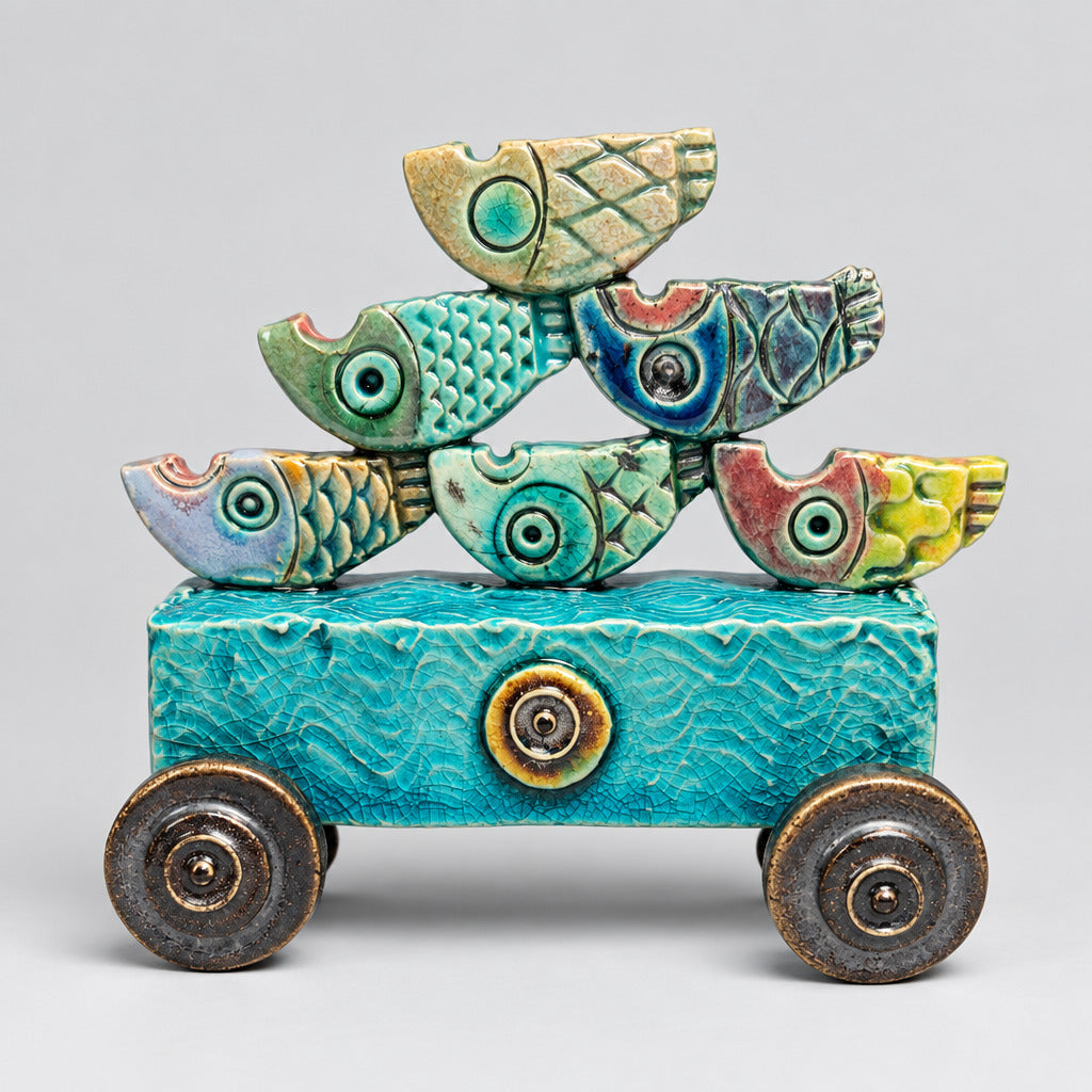 Sculpture of ceramic stacked fish on wheels.