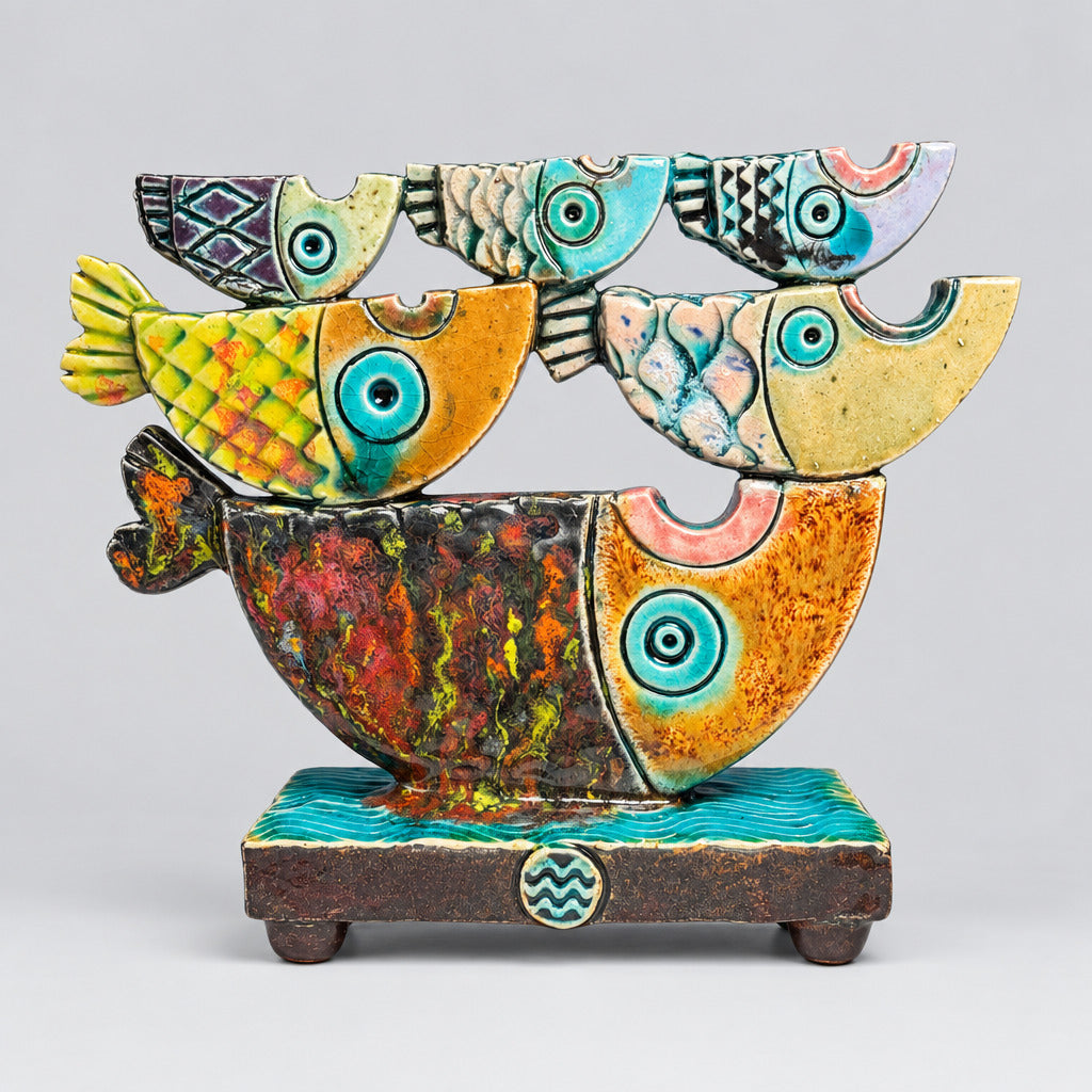 A colorful ceramic fish sculpture on a dark base, featuring multiple stylized fish with turquoise, yellow, orange, and brown glazed details against a dark studio background.