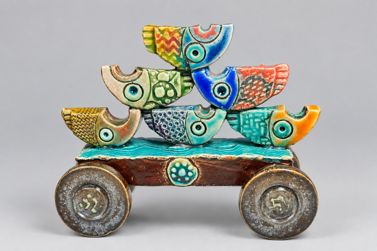 A decorative ceramic fish-drawn cart sculpture with six stylized fish stacked on a brown body and gray wheels, photographed against a dark studio background.