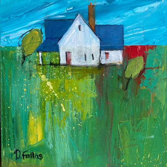 Painting of a house with blue roof and white walls, surrounded by green fields and trees.