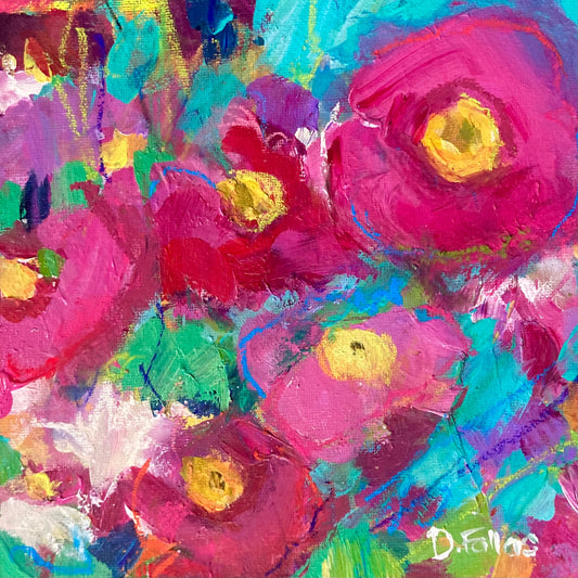 Colorful abstract painting of flowers with vibrant pink, yellow, and blue hues.