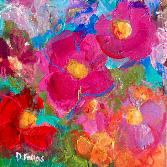 Colorful abstract painting of flowers with vibrant pink, red, and yellow hues.