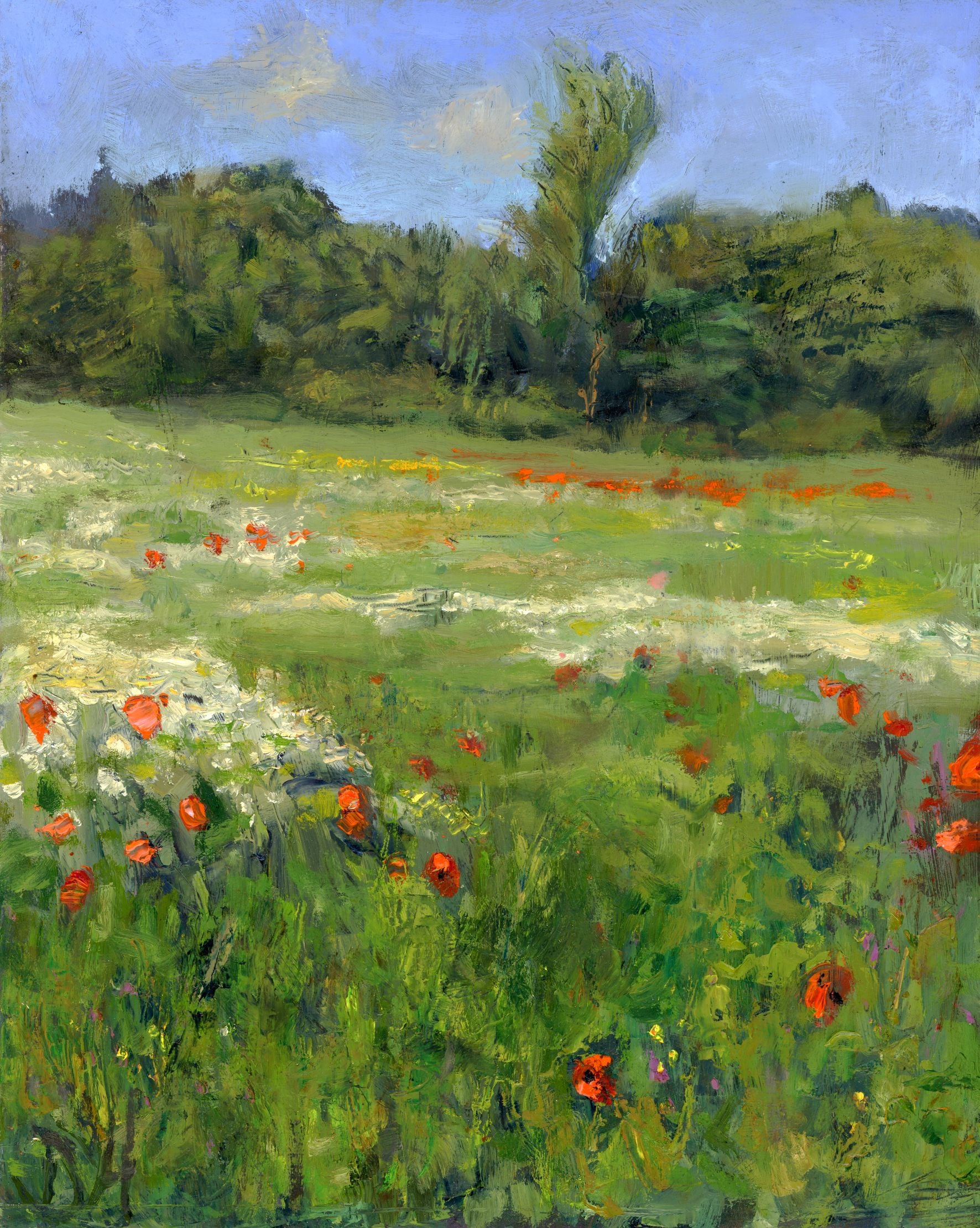 a painting of a green meadow with trees in the background, a blue sky, and red poppies dotted around the grass.
