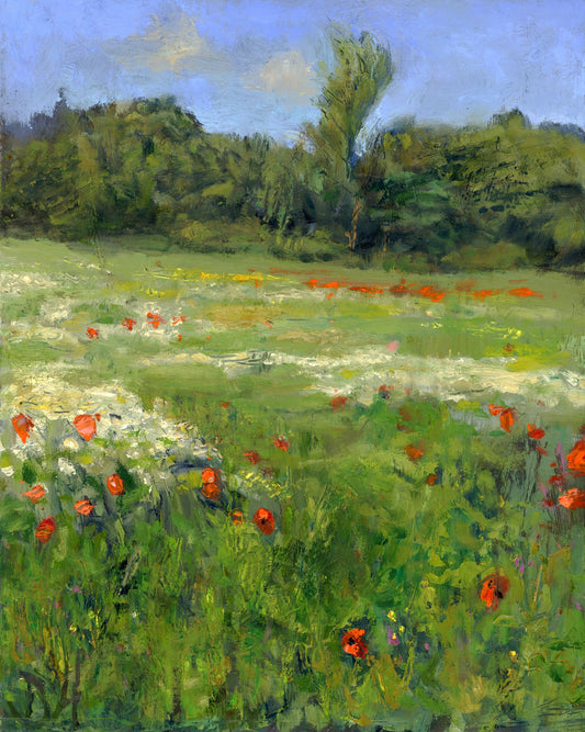 a painting of a green meadow with trees in the background, a blue sky, and red poppies dotted around the grass.