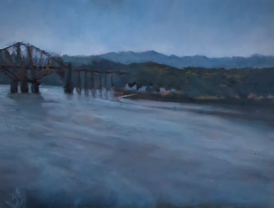 a paintings of a hazy blue sky and water with a bridge going across the water.