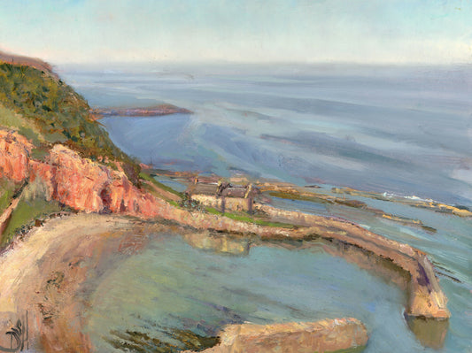 An impressionistic coastal landscape painting showing a rocky shoreline, a small tidal pool, and a wide blue sea under a pale sky.