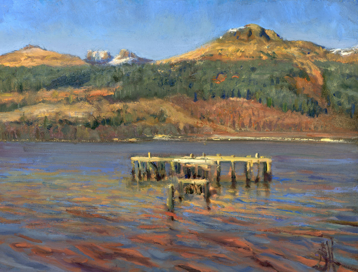 An impressionistic landscape painting of a calm lake with a weathered wooden pier in the foreground, forested hills, and mountains under a blue sky.
