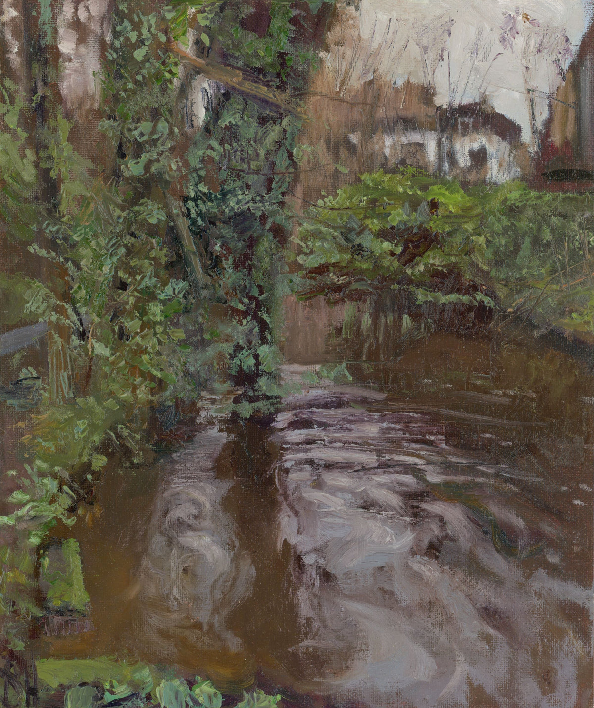 An impressionistic landscape painting depicting a stream or river flowing through a lush, green, rustic setting with trees and foliage.