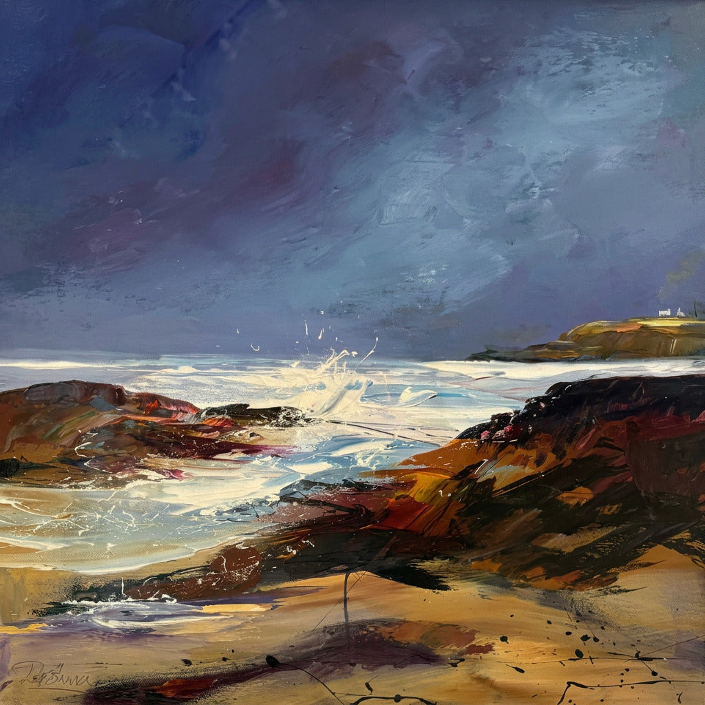 A framed abstract landscape painting featuring a dark blue sky, ocean waves, and sandy coastline, housed in a light-colored wooden frame with a glass protective cover.