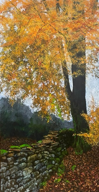 acryilic painting photo realistic style of an Autumn scene with a beech tree and stone wall