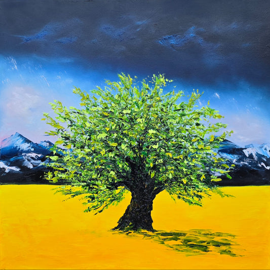 Painting of a large green tree in a yellow field with mountains in the background