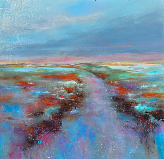 Abstract painting with a path leading into a colorful landscape