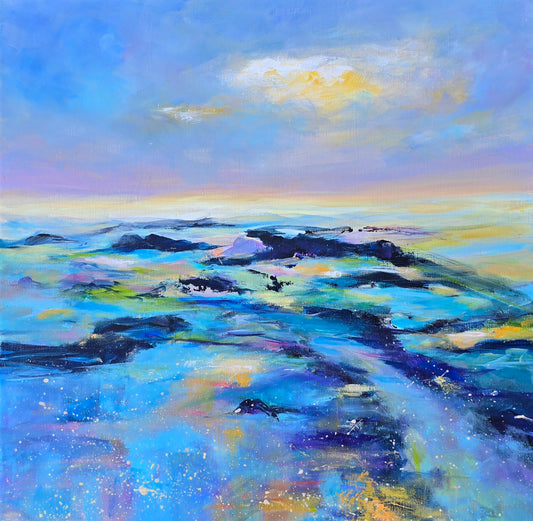 Abstract painting of a landscape with blue, green, and yellow colors.