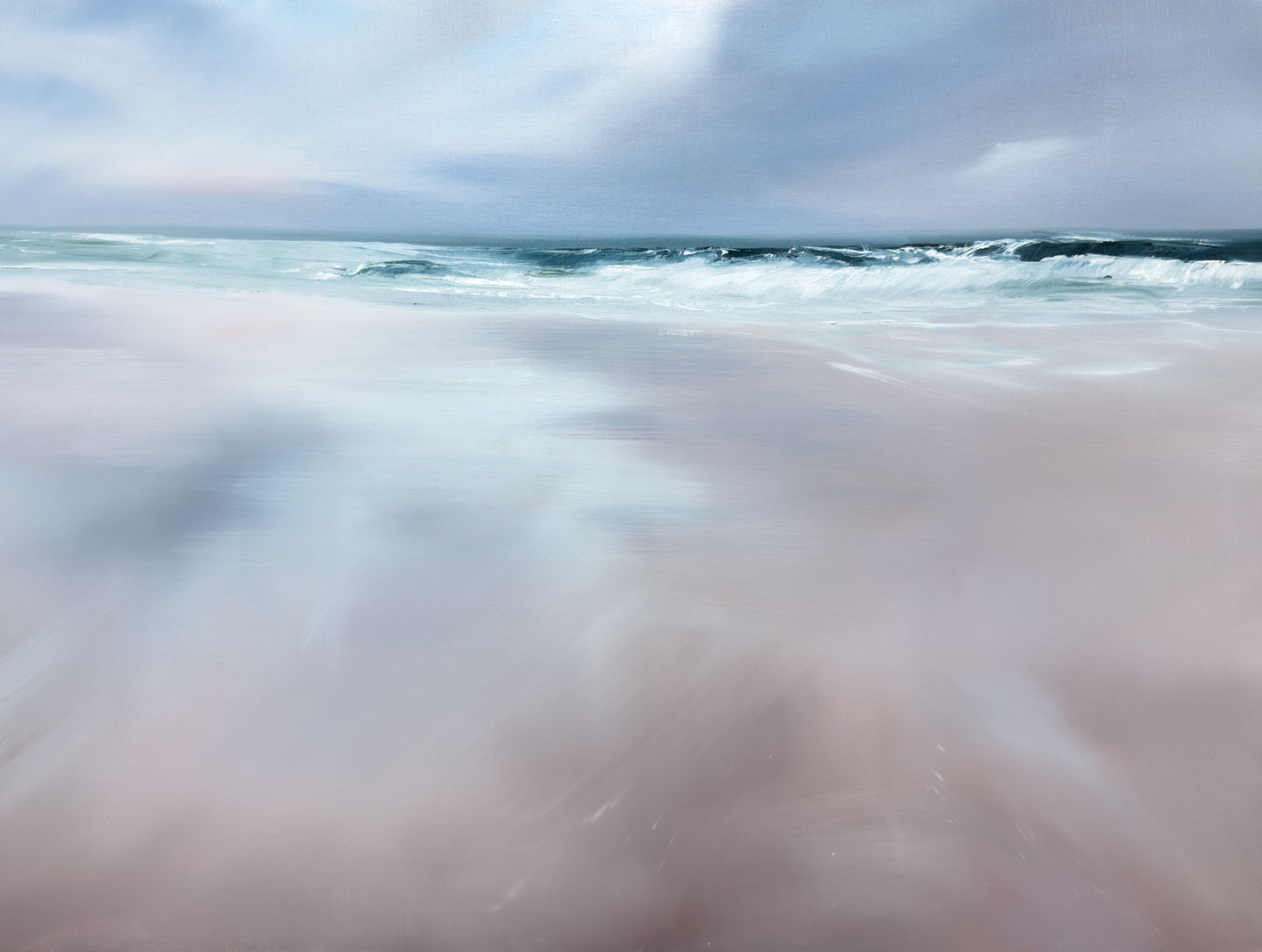 Wavy water surface with a blurred foreground and clear sky.