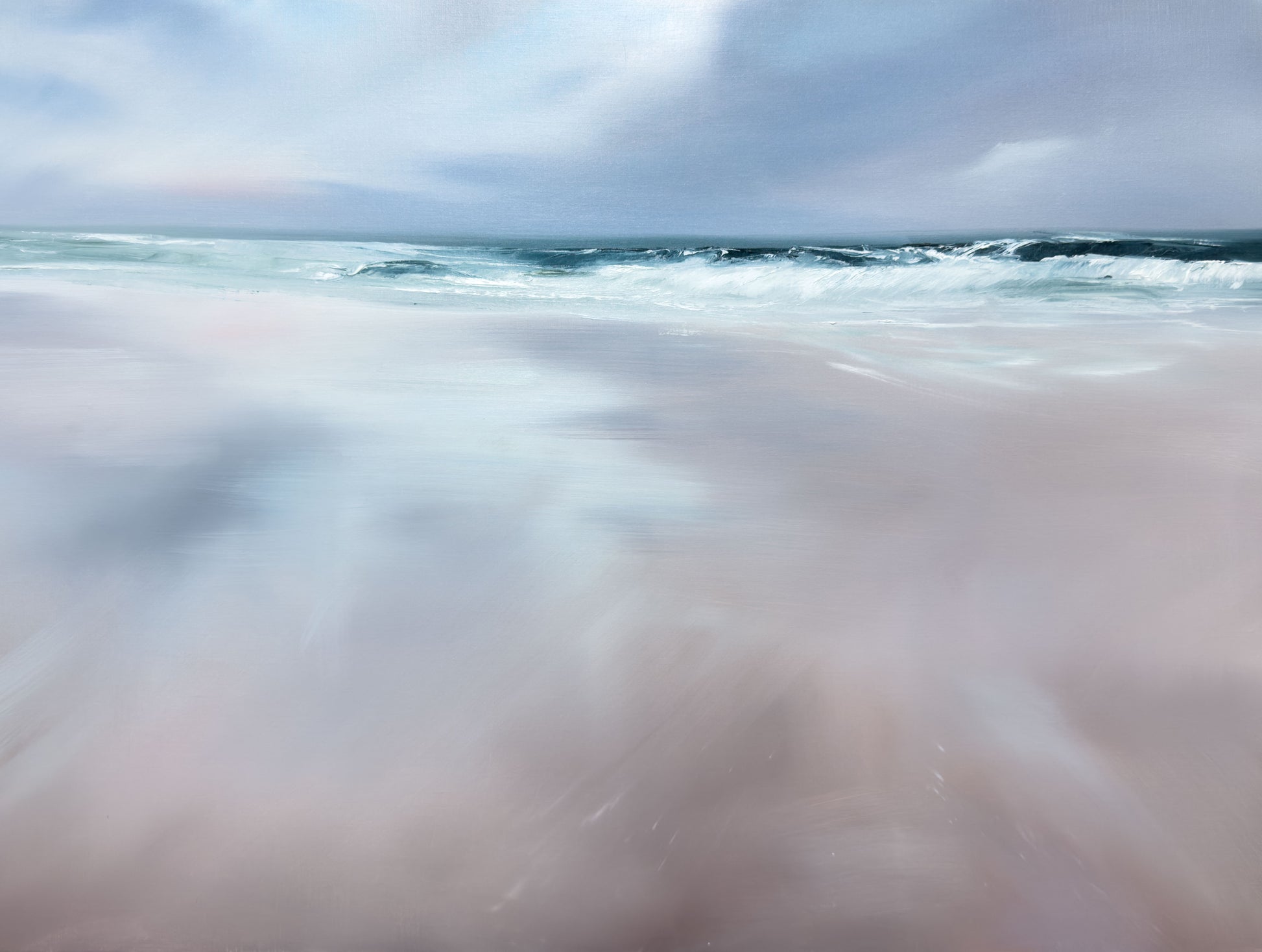 Wavy water surface with a blurred foreground and clear sky.