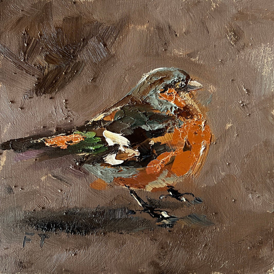 a textured painting of a chaffinch bird against a brown background