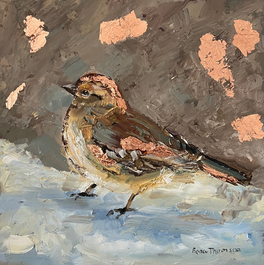 a painting of a female sparrow against a brown background with patches of bronze leaf.