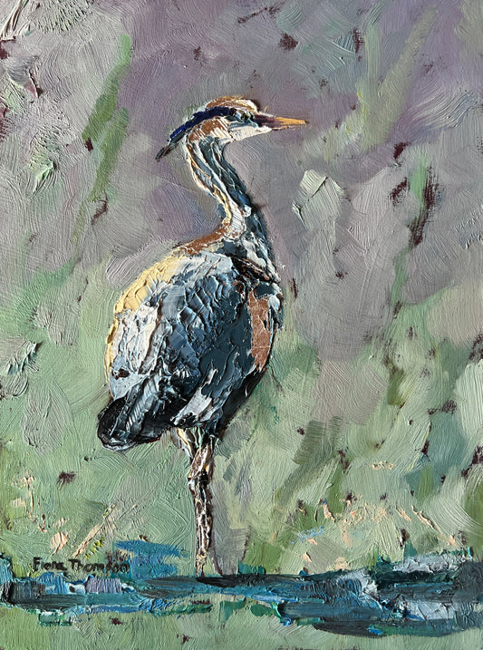 a textured painting of a crane stood upright, looking to the right, against a textured green and blue background.