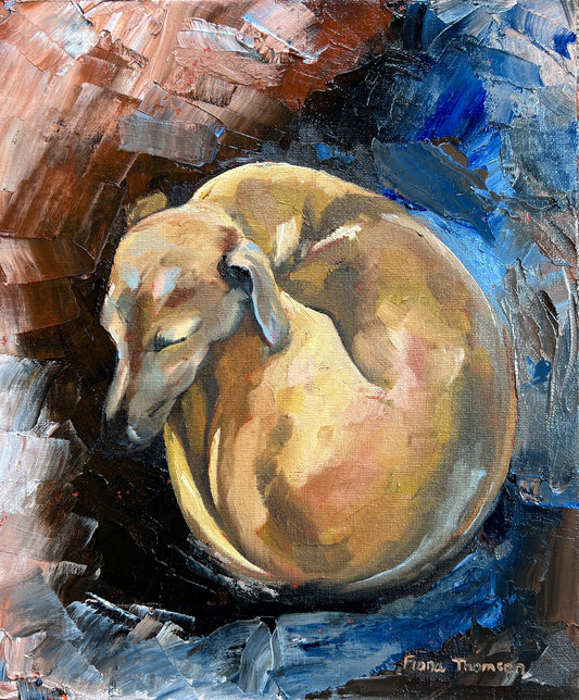 a painting of a whipping curled up sleeping against a textured brown and blue background.