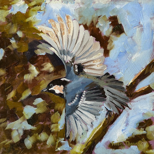 a painting of a great tit in flight against a dappled green and brown abstract tree background.