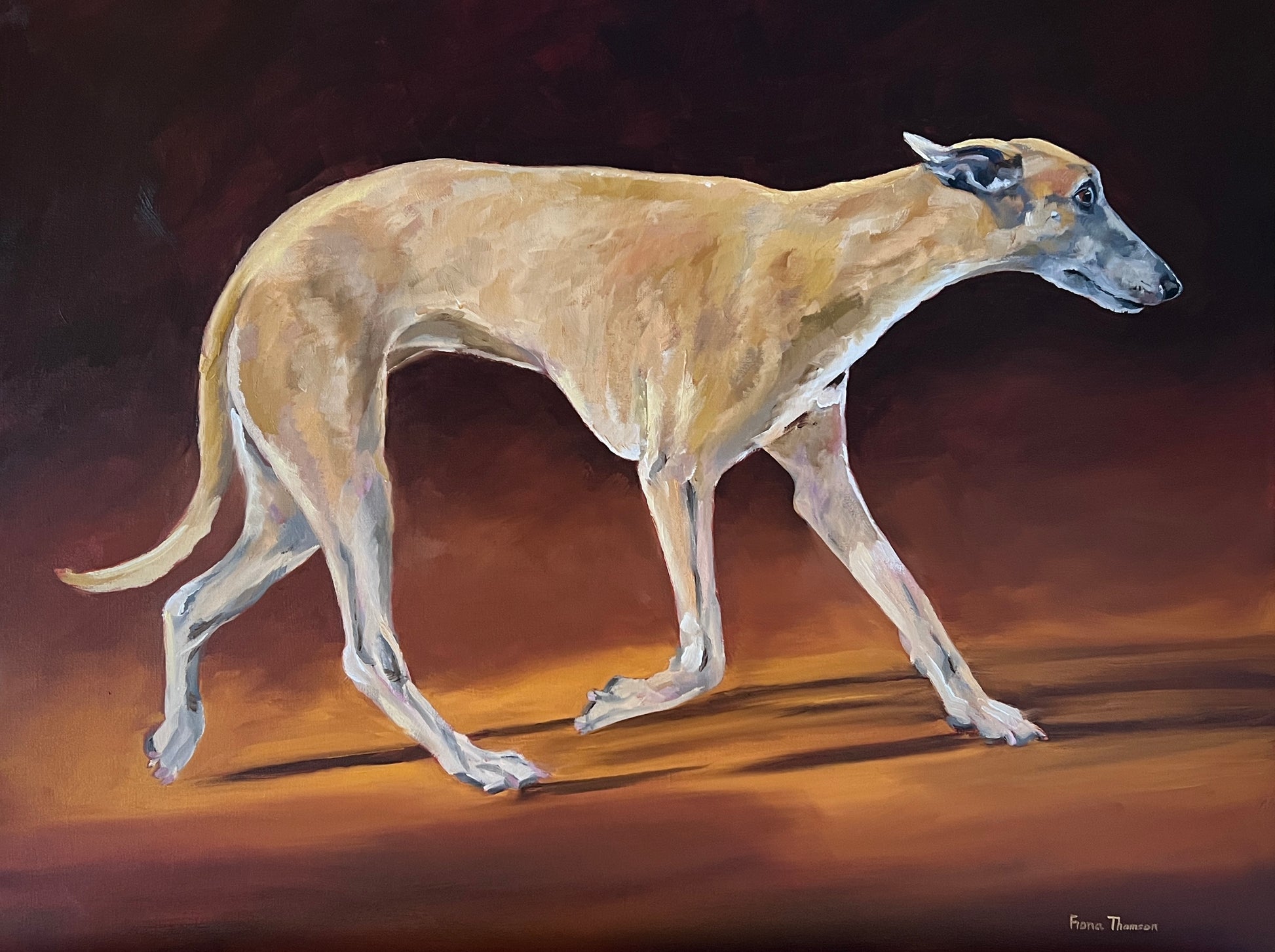 a painting of a whippet walking against a brown background