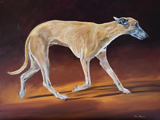 a painting of a whippet walking against a brown background