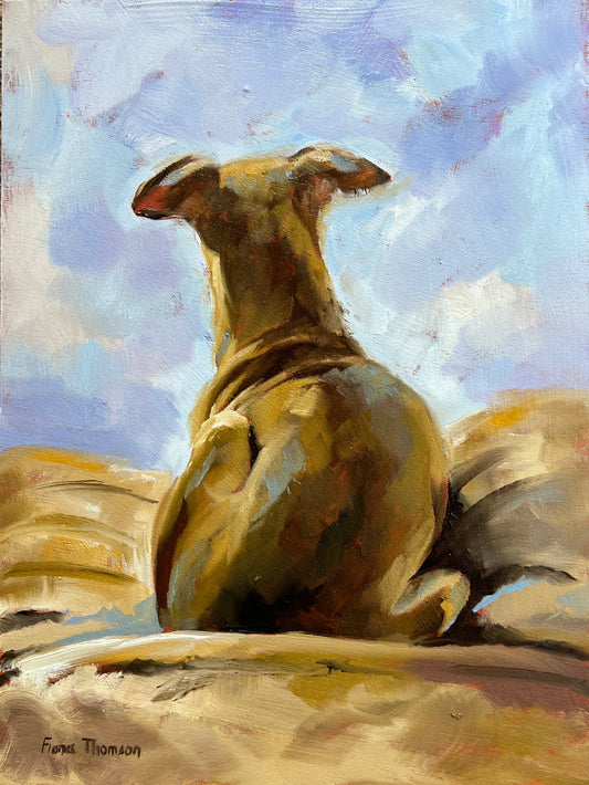 a painting of a whippet looking out the window, from behind