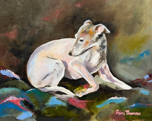 a painting of a white whipped laying on a blanket