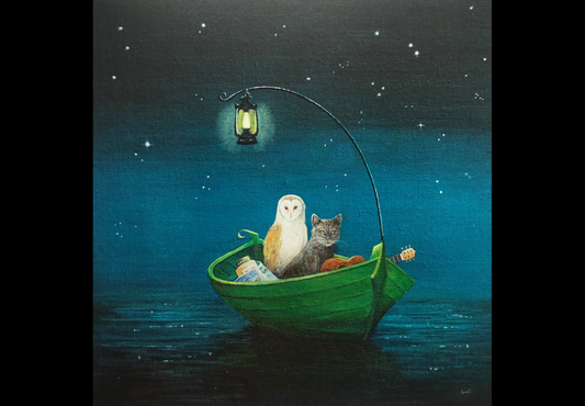 Illustration of an owl and a cat in a green boat under a starry night sky.