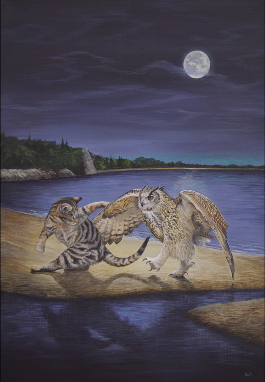 Cat and owl on a beach at night with a full moon