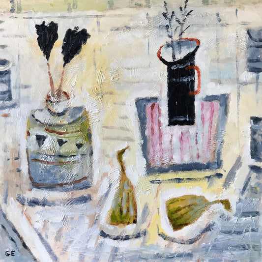 Abstract painting of vases and decorative items on a textured surface
