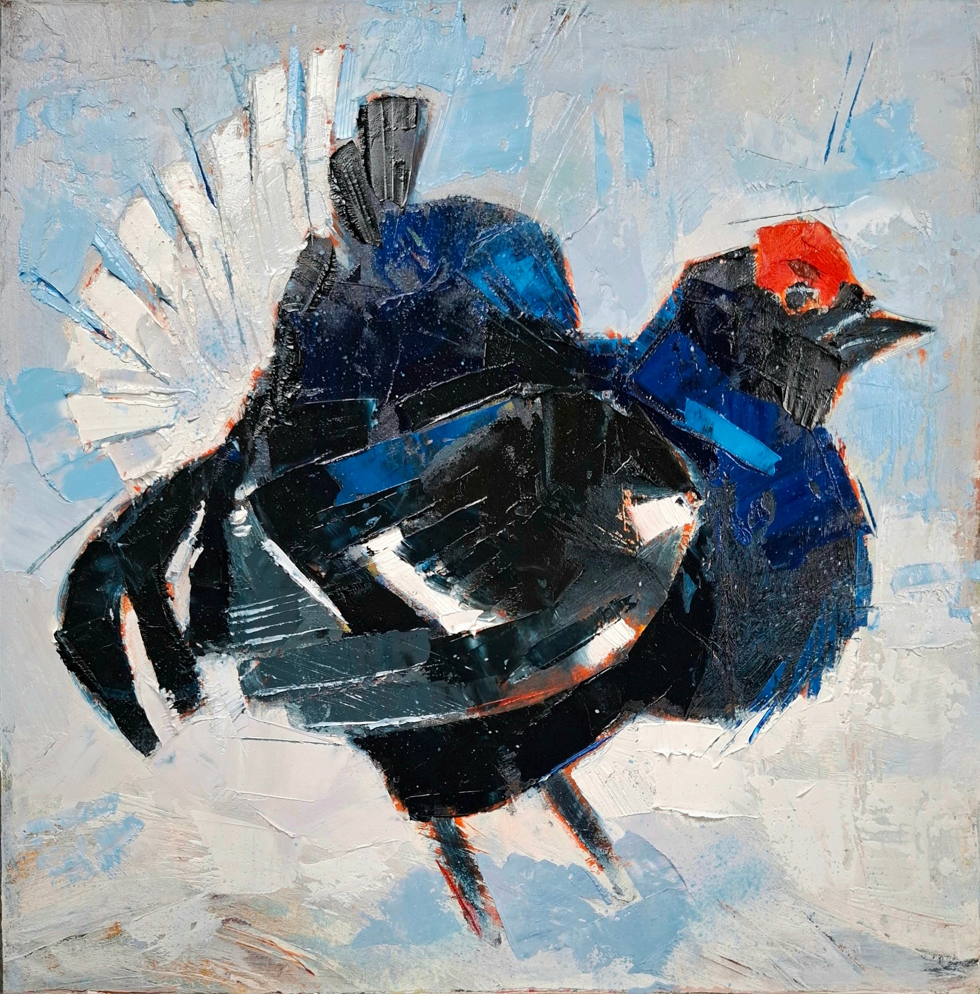 an abstract painting of a black grouse against a light blue background