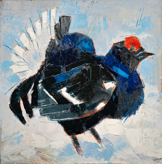 an abstract painting of a black grouse against a light blue background