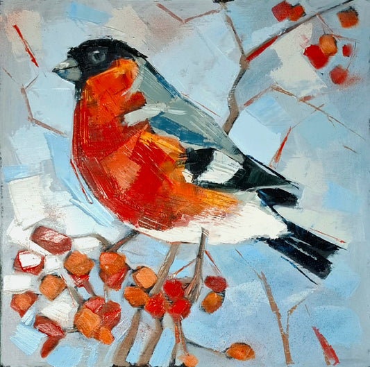 an abstract painting of a bullfinch sitting on a branch with red berries