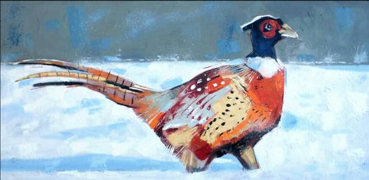 an abstract painting of a pheasant in the snow