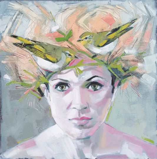 an abstract painting of a woman with two birds and branches in her hair
