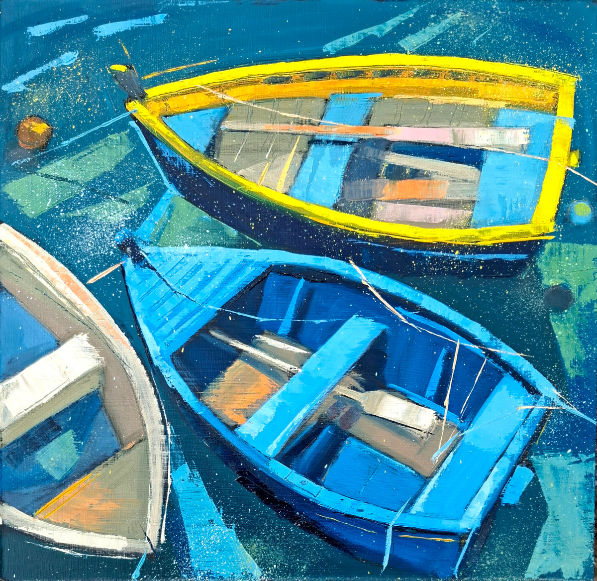 An expressive painting of three small boats floating on blue water, with a bright yellow boat at the top, a deep blue boat at the bottom right, and part of a white boat at the bottom left.