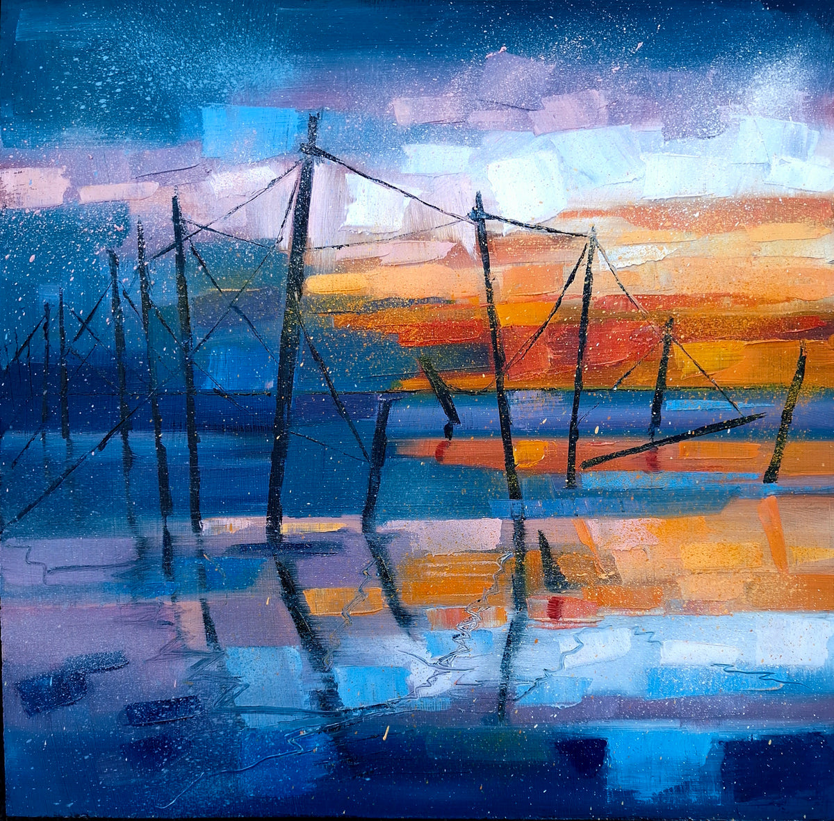 Abstract landscape painting featuring dark silhouetted fishing nets or poles over reflective water, with a dramatic sunset sky in shades of blue, purple, orange, and white.