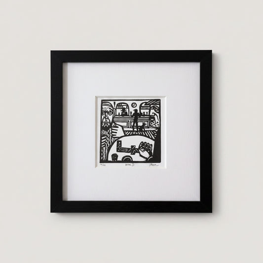 A framed black and white art print featuring an abstract cubist-style illustration, presented in a black square frame with a wide white mat against a light gray background.