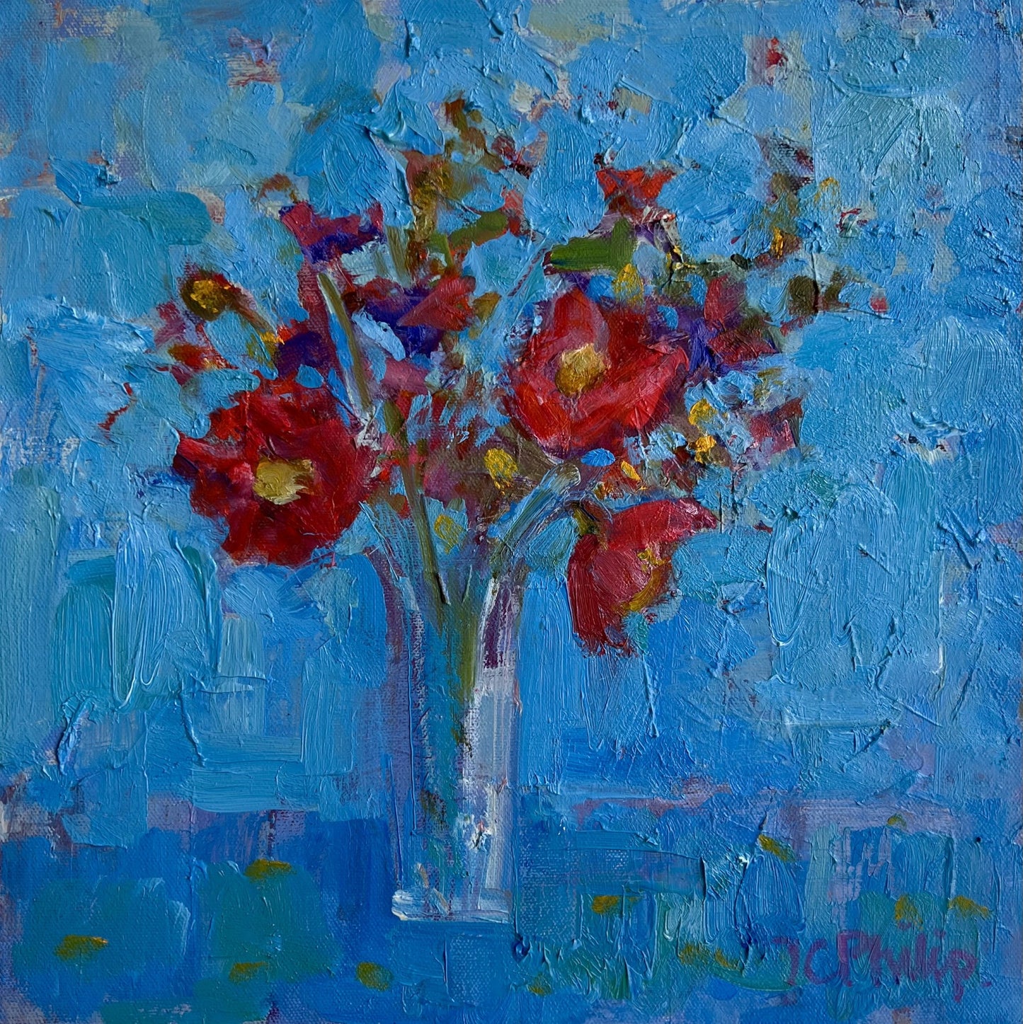 Painting of red flowers in a clear vase against a blue background